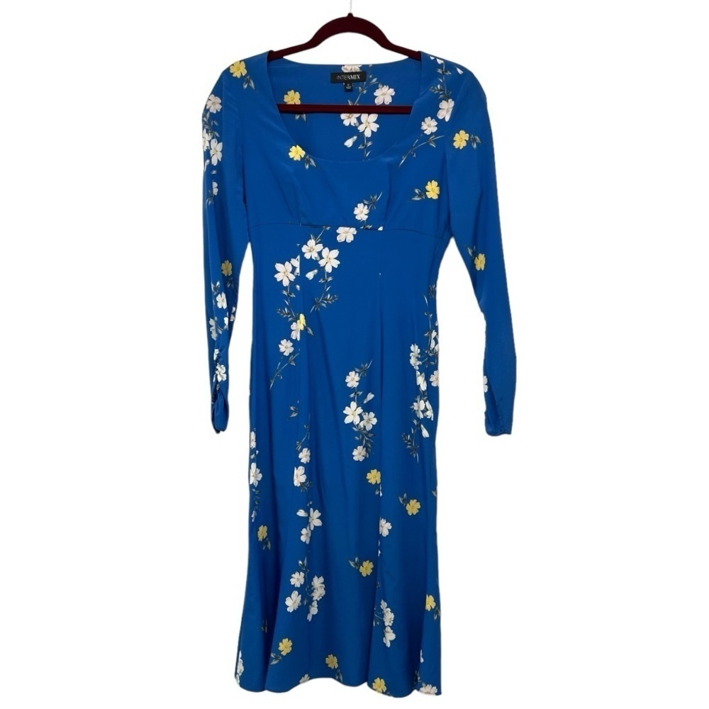 Intermix Mariabella Blue Silk Floral Long Sleeve Scoop Neck Dress Women’s 0 - Picture 10 of 12
